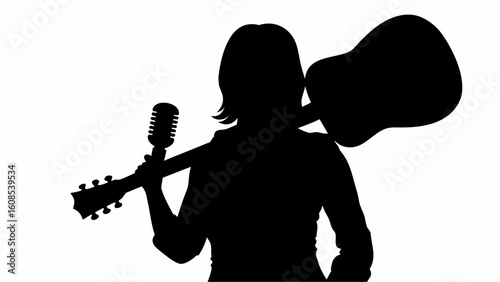 Silhouette of musician with guitar on shoulder and microphone in hand against white background scene view | editable eps vectors