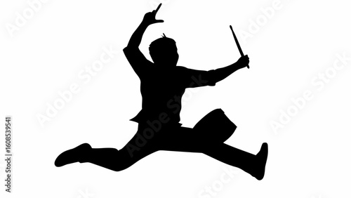 Silhouette of a drummer mid air holding drumsticks and a drum during a performance on a white background | editable eps vectors