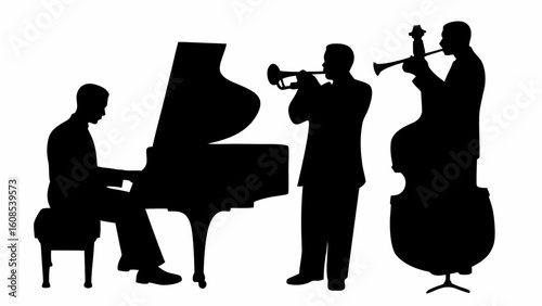 Silhouette illustration of a jazz band performing with a piano trumpet and double bass instruments | editable eps vectors
