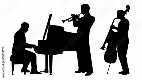 Silhouette of a jazz band featuring a pianist, trumpet player, and a bass player performing together live on stage | editable eps vectors