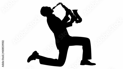Silhouette of a musician kneeling while playing a saxophone with white background in a studio setting | editable eps vectors