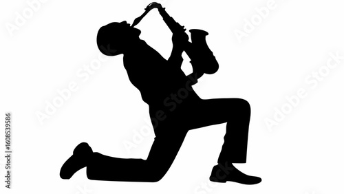 Silhouette of a musician playing a saxophone while kneeling during a performance on a white background | editable eps vectors