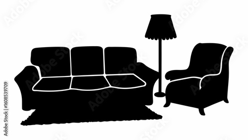 Silhouette of a living room setup with a sofa armchair floor lamp and rug in a simple black and white design | editable eps vectors
