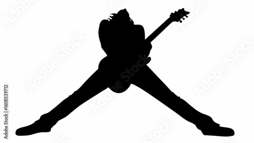 Silhouette of a guitarist with legs spread playing an electric guitar in a rock and roll style pose | editable eps vectors