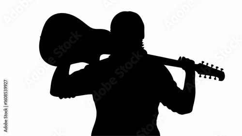 Silhouette of a person with a guitar over their shoulder showing the headstock and tuning pegs clearly visible | editable eps vectors