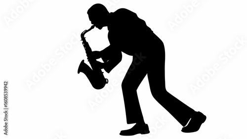 Silhouette of a musician playing saxophone with bent posture and dark clothing on a white background stage | editable eps vectors