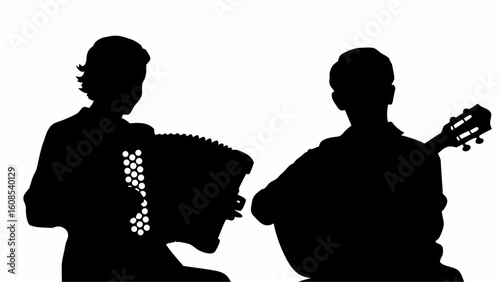Silhouette of two musicians one playing accordion and the other playing guitar in black and white style | editable eps vectors