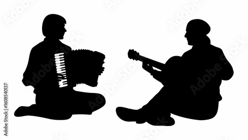 Two silhouettes of musicians one playing accordion and the other playing guitar sitting on the floor | editable eps vectors