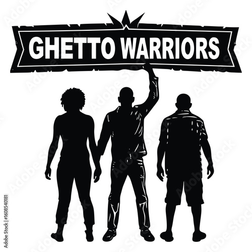 A gritty ghetto warriors silhouette, fierce and strong, standing united in urban shadows, ready to face challenges with courage and street-smart resilience.
