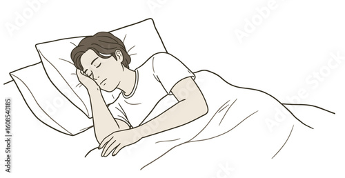 Peaceful young man sleeping on bed, resting with blanket and pillow, calm bedtime routine, sleep health concept, cartoon vector on white background