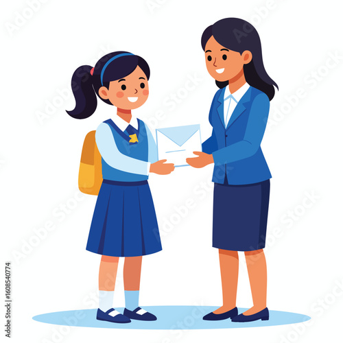 A smiling student hands a letter to a teacher, both in uniform.