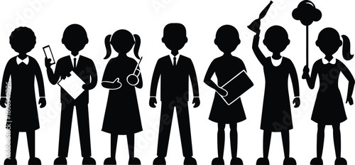 Vector art of silhouettes of students and teachers holding books, phones, and educational tools isolated on transparent background.