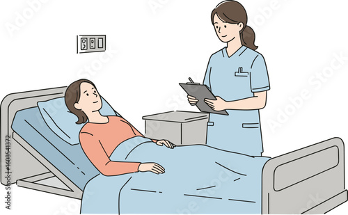 Nurse checking on female patient in hospital bed, healthcare service, medical assistance, hospital care, nurse visit, recovery support, cartoon vector, clinical illustration