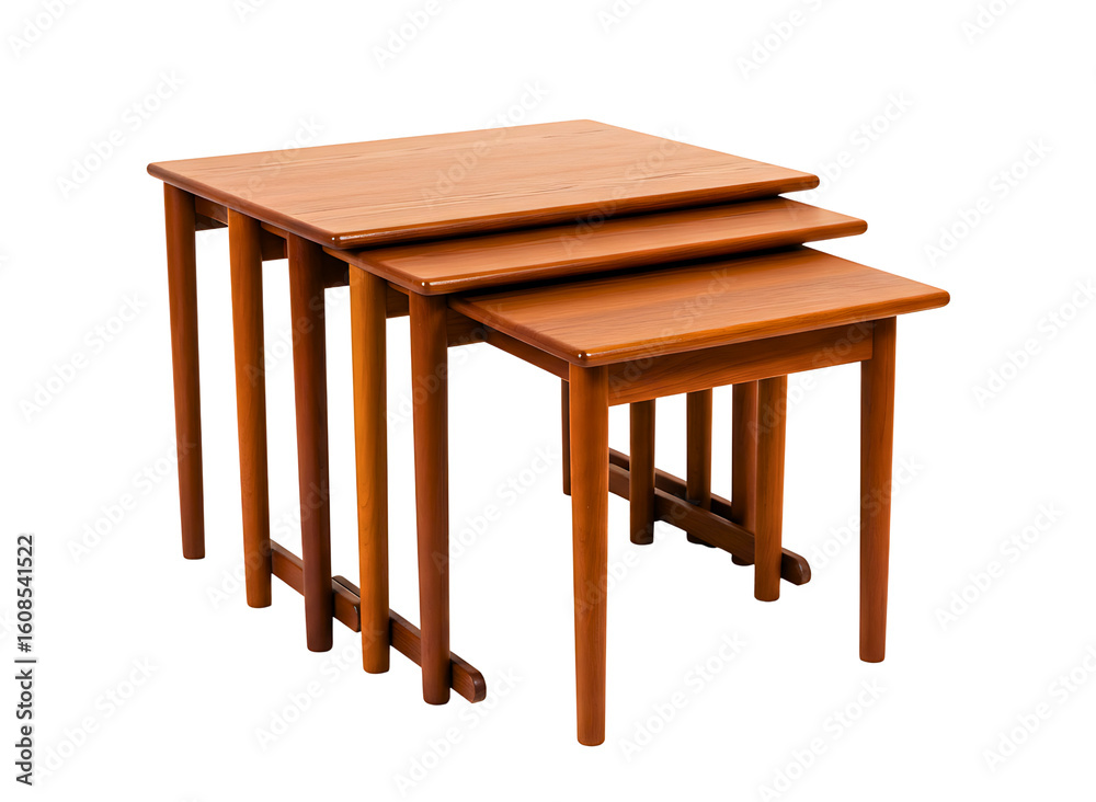 Fototapeta premium Set of three wooden nesting tables isolated on transparent background