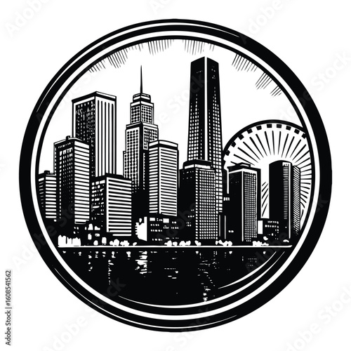 Grunge-styled city panorama silhouette with jagged edges, dark tones, and urban decay vibes, showcasing towering buildings in a raw, gritty skyline view.
