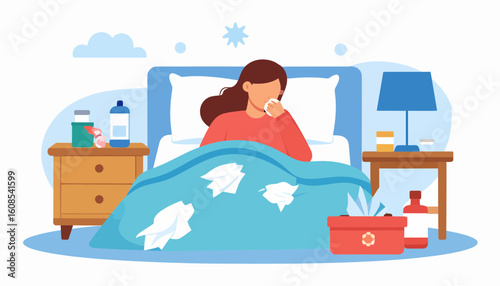 Woman in bed suffering from a cold, with tissues, medicine, and lamp by her side