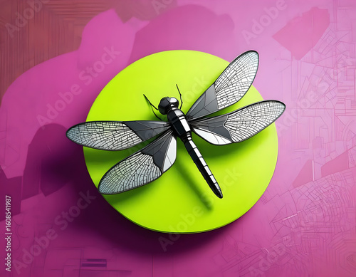 Striking Dragonfly Design: Black, White & Neon Green Contrast