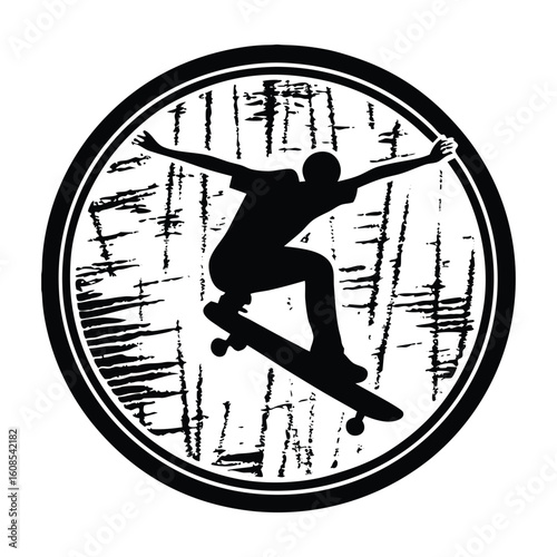 A dynamic skateboarder silhouette soars mid-trick over a grunge-style background, blending urban energy and raw street vibes in a bold, edgy visual burst.
