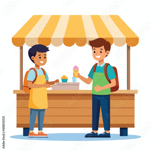 Two young boys at an ice cream stand, one purchasing a treat.