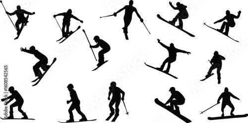 Vector art of silhouettes of skiers gracefully descending snowy slopes with ski poles isolated on transparent background.