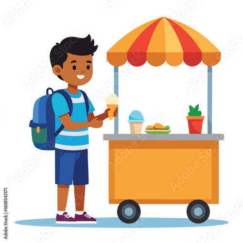 Happy boy with backpack buying ice cream from a cheerful street vendor cart.
