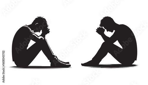 Depressed Man Silhouette Sitting with Head Down Illustration