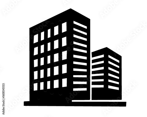 Building silhouette. Black and white hotel icon. Tall building isolated on a white background. Vector illustration.
