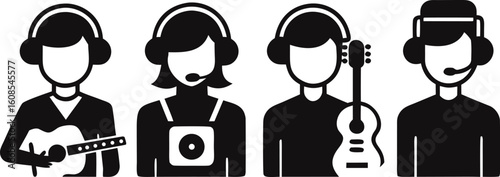 Vector art of a group of musicians with guitars and headphones, ready for a performance or recording isolated on transparent background.