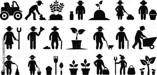 Vector art of silhouettes of people engaged in various gardening and farming activities with tools isolated on transparent background.