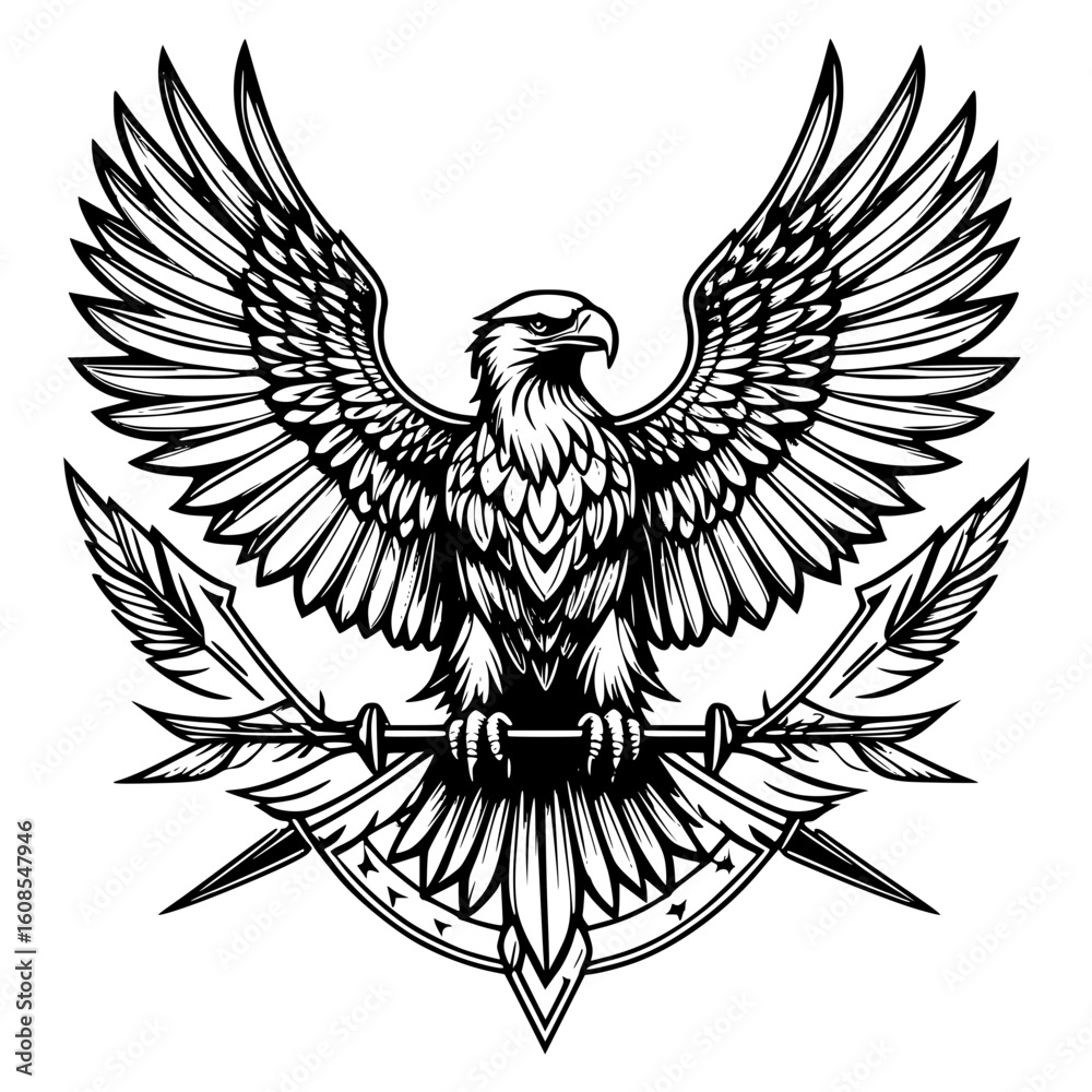 Obraz premium Majestic Eagle Emblem Illustration with Crossed Arrows and Shield Symbol of Freedom, Power, and American Heritage, Rendered in Classic Black and White