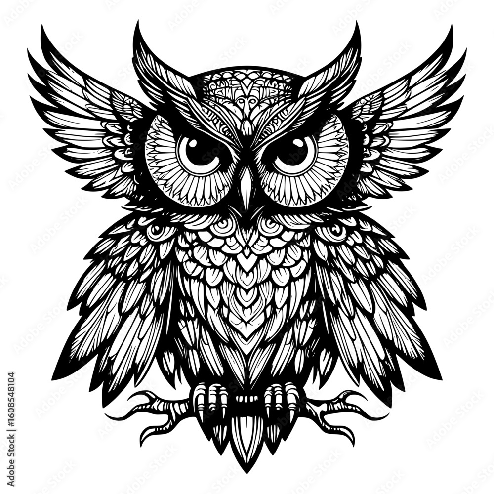 Obraz premium Intricate Detailed Owl Illustration Stunning Black and White Bird of Prey Artwork with Feathered Wings and Piercing Eyes Design