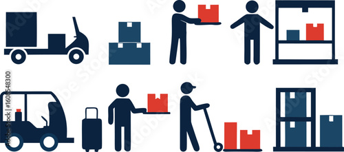 Vector art of icons illustrating logistics and delivery services, including trucks, forklifts, and workers handling packages isolated on transparent background.