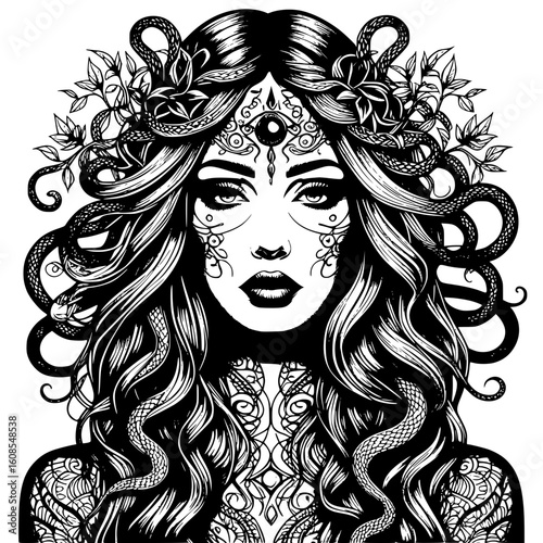 Intricate Medusa Illustration Detailed line art of Medusa with snakes and ornate details, perfect for mythical and fantasy-themed designs, bringing a captivating artistic touch.