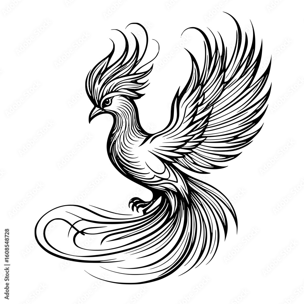 Fototapeta premium Majestic Phoenix Bird Elegant Line Art Illustration of a Mythical Creature in Flight