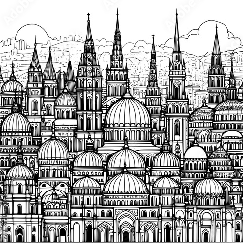 Intricate black and white line art of a fantastical city skyline. A detailed architectural drawing of an imaginary urban landscape with majestic domes, towers, and spires.