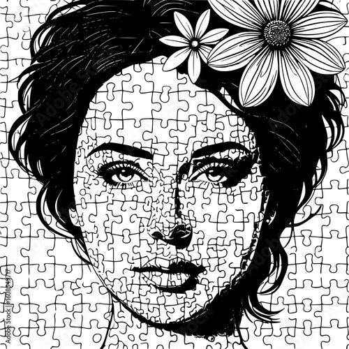 A conceptual black and white illustration of a woman's face formed from jigsaw puzzle pieces, symbolizing the complex and fragmented nature of human identity and psychology.