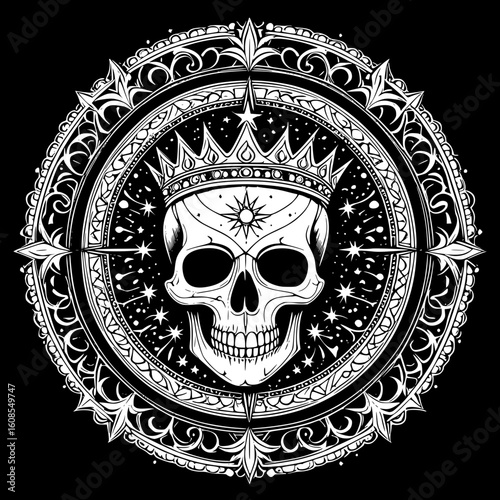 A majestic crowned skull at the center of an ornate celestial compass, a black and white graphic illustration symbolizing arcane royalty and cosmic power.