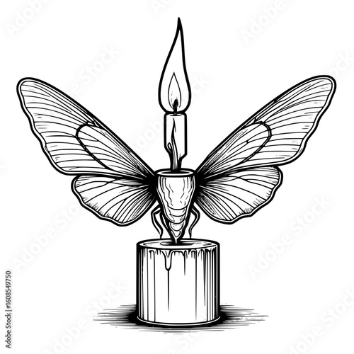 Gothic line art of a mystical moth candle hybrid. A surreal concept representing duality, metamorphosis, and the ephemeral nature of light.