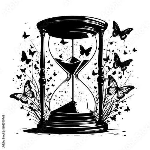 Ephemeral Beauty Hourglass with Butterflies – A Symbolic Representation of Time's Fleeting Nature and Transformation