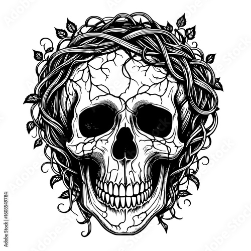 Detailed black and white drawing of a cracked human skull with a crown of overgrown vines, a gothic symbol of mortality and nature's reclamation.