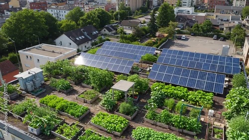 Rooftop Garden with Solar Panels in Urban Setting