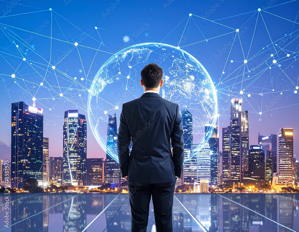 Obraz premium Businessman in suit looking at futuristic cityscape with global network connections, representing technology and international business.