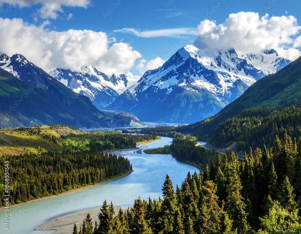 Panoramic mountain vista. A serene river winds through a valley, flanked by lush forests and snow-capped peaks under a vibrant blue sky with puffy white clouds. Panoramic mountain vista. A serene river winds through a valley, flanked by lush forests and snow-capped peaks under a vibrant blue sky with puffy white clouds.
