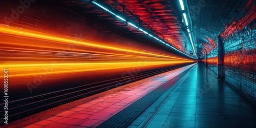 Dynamic subway scene with vibrant light trails, showcasing the rush of urban transit and modern architecture, perfect for travel and city life themes.