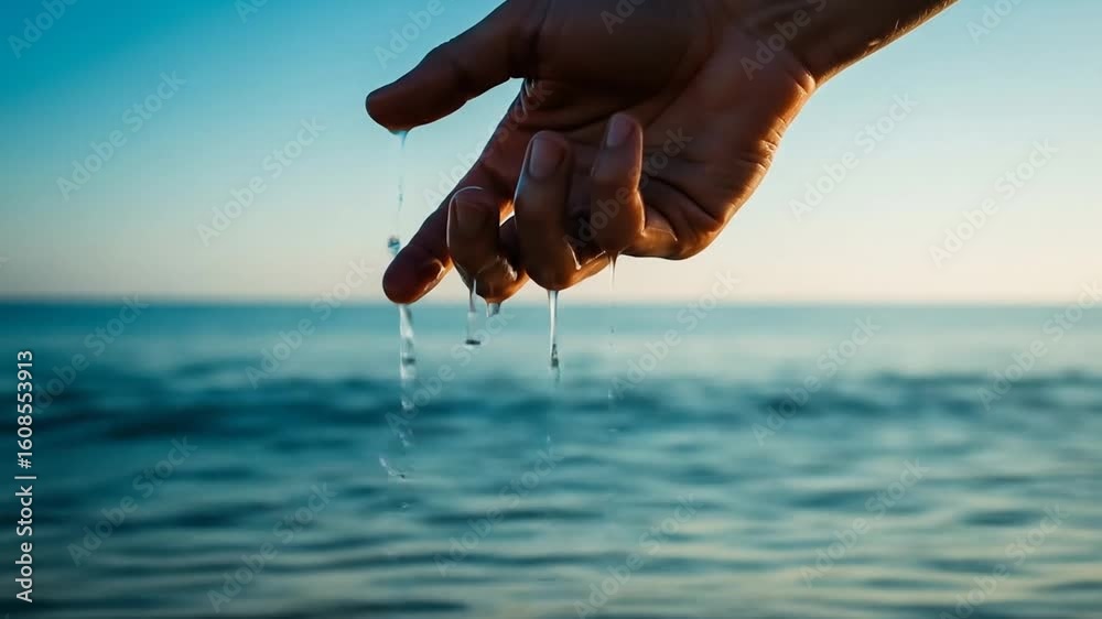 Hand Dripping Seawater Over Ocean at Sunset