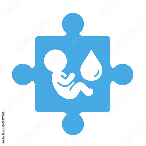 A light-blue puzzle piece graphic depicts a fetus and a drop of liquid, symbolizing prenatal development.
