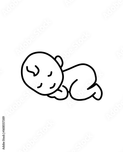 Minimalist line art of a sleeping baby. Simple black and white illustration perfect for baby products, parenting content, nursery decor, or child-related branding.