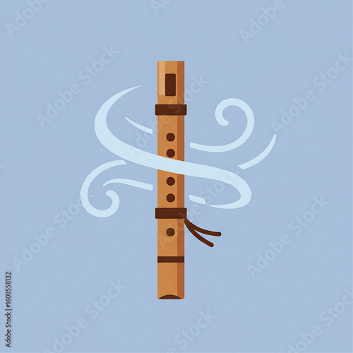 A detailed illustration of a wooden flute with swirling air, isolated on a blue background.