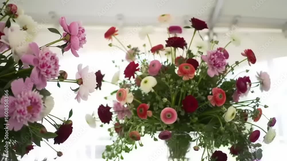 A profusion of pink, white, and red flowers in a large arrangement