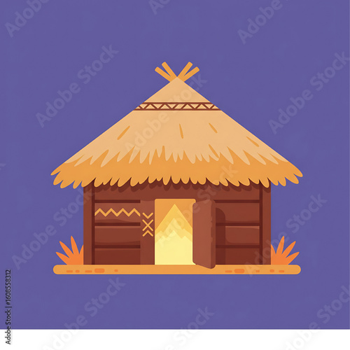 A cartoon illustration of a small, brown hut with a thatched roof and an open door, set against a purple background.